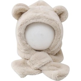 Umeloeo Baby Hat, Scarf, Winter, Newborn, Comes with Bear Ears, Cute, Soft, Warm, Fluffy, One-Piece, Earmuffs, Earmuffs, Neck Warmer, Cap, Ear Protection, Cold Protection, Windproof, Baby Shower,