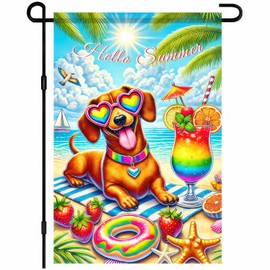 BlissYard Summer Beach Dachshund Dog Garden Flag 12x18 Double Sided Welcome Dog Sunglasses Garden Yard Flags for Spring Summer Seasonal Outside Outdoor Decor