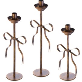 Shimeyao 3 Pack Bow Taper Candle Holders 15 '' Tall Taper Candlestick Holders Metal Modern Candle Stands Decorative for Dining Table Mantel Centerpiece Wedding Dining Party Decor Gift 3 Size(Bronze)