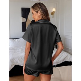 Ekouaer Womens Silk Satin Pajamas Set 2 Piece Pjs Short Sleeve Sleepwear Button Down Top and Shorts Loungewear Black M