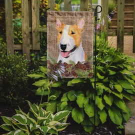 Caroline's Treasures SS4086GF Bull Terrier on Faux Burlap with Pine Cones Garden Flag Mailbox Flag Decorative Yard Flag Banner Outside Patio Artwork Yard Flower Beds, Garden Size, Multicolor
