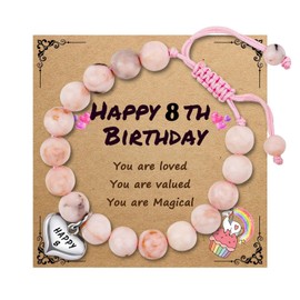Vesmiga 8 Year Old Girl Gifts - 8th Birthday Gift for Girls, Girl Birthday Presents, Pink Heart Zebra Jasper Bracelet with Number for Teenage Daughter Granddaughter Niece
