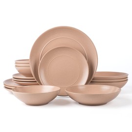 Arora RINGAR Round Stoneware 16pc Double Bowl Dinnerware Set for 4, Dinner Plates, Side Plates, Cereal Bowls, Pasta Bowls - Speckle Matte Coral (407490)