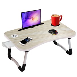 Laptop Table Bed Desk Tray Upgraded with USB Ports, Pad & Cup Holder, Drawer - for Bed/Sofa/Couch/Floor/Work/Study/Reading/Writing/Drawing/Homework - Foldable & Portable Breakfast Table Lap Desk