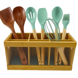 Wooden Utensil Holder Organizer with 3 Compartments, Rustic Countertop Kitchen Utensil Holder perfect for storing spoons, spatulas, cooking tools, and silverware, keeping your kitchen neat, organized