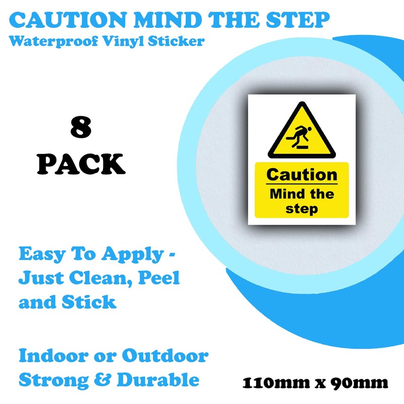 8-Pack Caution Mind The Step Vinyl Sticker Sign - 110mm