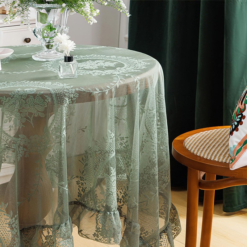 Lace Tablecloth with Ruffles, Rectangular, Green Vintage Overlay Lace Tablecloth,