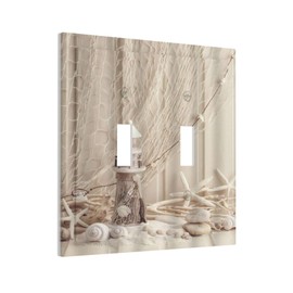 Nautical Coastal 2 Gang Light Switch Plate Cover Seashell Fishing Net Ocean Lighthouse Starfish Double Toggle Wall Plate Decorative Switchplate Electrical Faceplate Beach Theme Decor