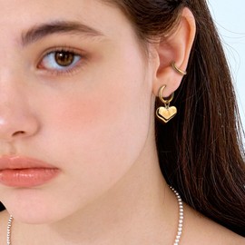 JeanBeau Gold Puffy Heart Dangle Drop Small Hoop Earrings for Women, Valentine Cute Statement Love Dangling Earing Wedding Prom Jewelry Gift.