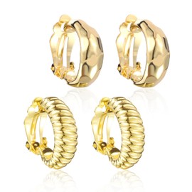 UAIAGM 2 Pairs 14K Gold Clip On Earrings Set for Women Comfortable Hoops Chunky Studs Ear Clips Tear Drop and Croissant Retro Design for Party Dinne Press On Earringspackage