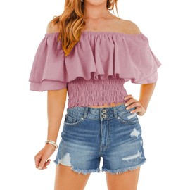 Hibluco Womens Off Shoulder Tops Ruffled Crop Top Smocked Waist Blouse Summer Tops Deep Pink