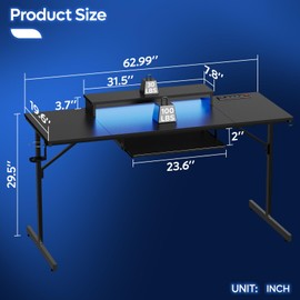 Bestier 63 Inch Gaming Desk with Power Outlets & LED Lights, Large Computer Desk with Monitor Stand & Keyboard Tray Home Office Table with Cup Holder & Headset Hook, Carbon Fiber Black