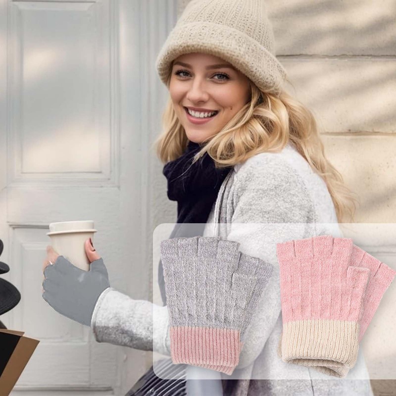 2 Pairs Fingerless Gloves for Women, Knitted Touch Screen Thermal