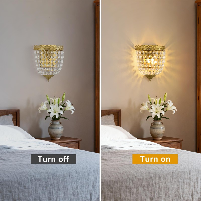 Vintage Crystal Wall Sconces Set of 2 Hardwired Brushed Brass