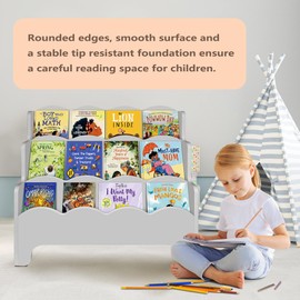 Royxen Montessori Bookshelf Scalloped Edges, Bookshelf for Kids 3-Tier, Kids Book Shelf for Kids Room, 29" W x 28" H, Gray Color
