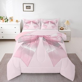 Feelyou Kids Sparkly Bow Comforter Set Full Size, Minimalist Bowknot Duvet Insert Boys Girls Pink Knot Bedding Set Teens Bedroom Decor with 2 Pillow Case