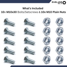 M10 Nuts & Bolt Set - 10 Pack (M10 x 30mm Bolts & M10 Nuts) Hex Bolt/Setscrew Fully Threaded