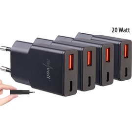revolt USB-C Mini Power Supply: Set of 4 Ultra Compact USB-A/C Power Supplies, Power Delivery 20 W, Black (Fast Chargers, Travel Chargers)