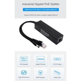 Industrial Gigabit PoE Splitter for Raspberry Pi 5 4B 3B+ or 5V-Powered Network Camera Devices, Onboard MPS Control Chip, 802.3af/at-Compliant 37V ~ 57V Input, 5V 5A Output, DC Power Output Port