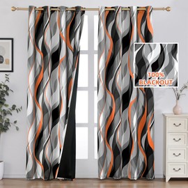 weesire Orange and Grey Blackout Curtains Modern Striped Decorative 100% Light Blocking Darkening Grommet Orange Curtain for Living Room Villa, Bedroom 2 Panels Set, 52x84 Inches