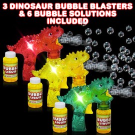 Bubbland Dinosaur Friction Powered LED Bubble Blasters for Kids, 3 Light Up Bubble Guns and 6 Bottles of Bubble Fluid, Bubble Blowing Toys for Indoor and Outdoor Fun, No Batteries Needed