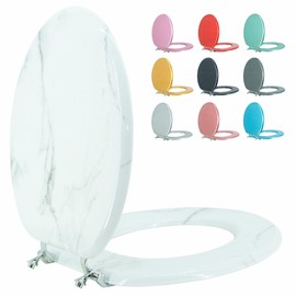 BLOFDE Round Toilet Seat Wood Toilet Seat Prevent Shifting with Zinc Alloy Hinges American Standard Size Toilet Seat Easy to Install also Easy to Clean(Round,Marble)