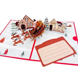 Asmallgf Christmas Santa's Sleigh Pop Up Card, Funny Christmas card with Fly Reindeers Snow Xmas tree， Xmas Decoration Gifts for Women Men Kids Adults Family Friends