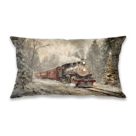 DOFQZ Vintage Winter Forest Steam Train Pillow Covers 12x20, Farmhouse Winter Decor, Retro Snowy Christmas Xmas Tree Decorative Lumbar Pillow Covers for Home Bedroom Living Room