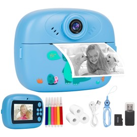 Children's Camera Instant Print, 1080P HD Children's Digital Camera for Girls with 32GB SD Card, Instant Camera for Children with Colour Pens, 3 Rolls of Print Paper, Girls' Birthday Gifts, Blue