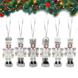 6 PCS Christmas Nutcracker Ornaments,Wooden Nutcracker Christmas Decoration Pendant,Silver Nutcracker Figures Ornaments,Winter Xmas Tree Hanging Nutcracker Soldier for Holiday Home Decoration