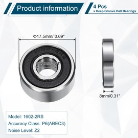 QUARKZMAN 1602-2RS Deep Groove Ball Bearings, Pack of 4, 6 mm x 18 mm x 8 mm, High Carbon Chrome Steel Z2 Double Rubber Sealed Bearing