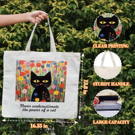 Cat Tote Bag for Women, Never Underestimate The Power Of A Cat Canvas Tote, Cat Lover Gift Bag, Floral Black Cat Library Book Bag, Inspirational Shoulder Bag Gifts for Cat Lovers Cat Mom Friends -68