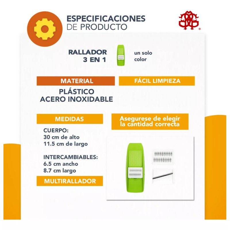 J.H. Company Rallador 3 En 1 Verduras Rebanador Manual Plano