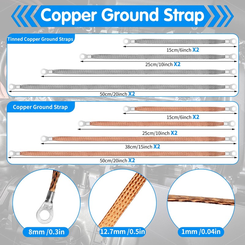 16 Pcs Universal Automotive Ground Straps, 6/10/15/20 Inch Ground Straps