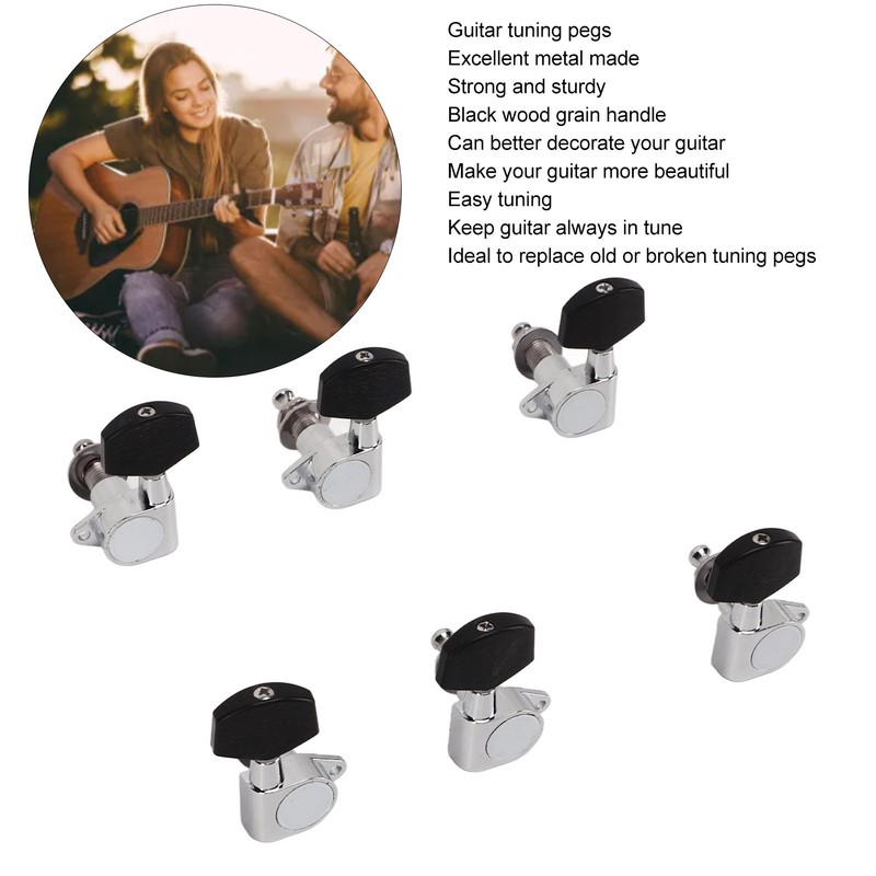 6 Pcs Guitar Tuning Pegs 3L3R Metal Body Black Wood
