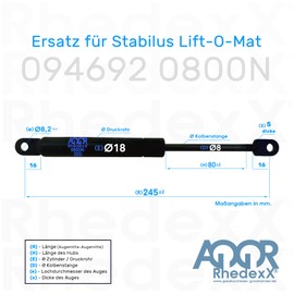 Replacement for Stabilus Lift-O-Mat 094692 0800N, RhedexX® Gas Strut 245 mm (800N - 094692)