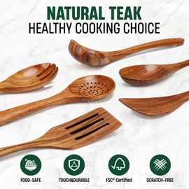 Bkiok Wooden Spoons for Cooking, Handmade Wood Utensil Set, Natural Teak Wood Non-Stick Cooking Spoons for Kitchen (6Pcs)