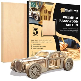 CRAFTEKER Basswood Sheets 12x12 Inch 5-Pack – 3mm Thick Premium Laser-Ready Plywood for Crafts, DIY, School Projects – Triple-Layer FSC Certified Wood – Smooth, Warp-Free, Gift-Ready Box