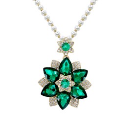 Long Crystal Flower Pearl Pendant Necklace for Women Rhinestone Sunflower Tulip Necklaces Pearl Beaded Necklaces Gold Silver Sweater Statement Necklace Fashion Jewelry for Women (Green Sunflower)
