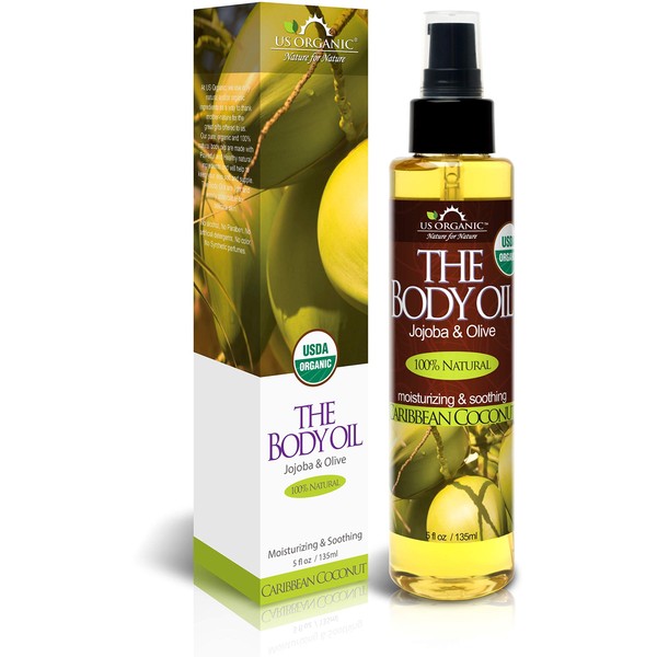 US Organic Body Oil- Smooth Caribbean Coconut - Jojoba and Olive Oil with Vitamin E, USDA Certified, No Alcohol, Paraben, Artificial Detergents, Color or Synthetic perfume, 5 Fl.oz (Caribbean Coconut)