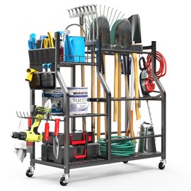 36" Large Garden Tool Organizer with Wheels & Side Tool Bag, 3 Tier Rolling Garage Storage Rack for Long Handled Rakes, Shovels, Brooms, Freestanding Yard Tools Cart for Shed & Outdoors