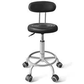 DENGTELI Chair with Wheels PU Leather, with Backrest, Height Adjustable, 360° Swivelling Armless Barstool with Footrest, Ideal for Pubs, Restaurants, Offices, Homes, Tattoos, Massages (Black)
