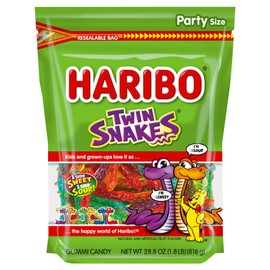 HARIBO Gummi Candy, Twin Snakes Sweet & Sour Gummy Candy, 28.8 Ounce Resealable Party Size Stand Up Bag, Soft & Chewy Snacks, Assorted Fruity Flavors
