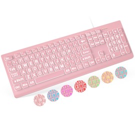 SABLUTE Large Print Backlit Keyboard, Wired USB Lighted Computer Keyboards with 7-Color & 4 Modes Backlit, Oversize Letters Keys Easy to See and Type, Quiet Keyboard Compatible for PC, Laptop -Pink
