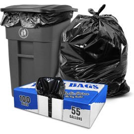 (100 Pack) Plexon 55-60 Gallon Trash Bags, 1.5 Mil, Heavy Duty, Fits Rubbermaid Brute Rollout, Round and Square 32-55 gal Trash Cans, 43" x 47" Large Durable Garbage Trash Can Liners, Bulk (Black)
