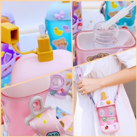 Kawaii Water Bottle Cute Ice Cream Water Bottles with Straw, Kawaii Popsicle Water Bottle with Adjustable Shoulder Strap and Stickers, Popsicle Cup for School Girls and Boys, BPA-Free 400ml (Pink)