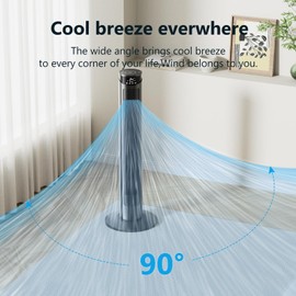 CIH Tower Fan 37 Inch,24ft/s Velocity Quiet Oscillating Bladeless Fan 6 speeds with Remote,4 Modes,LED Display,7.5H Timer,Grey Floor Standing Fan Powerful for Indoor Home Bedroom Office Room