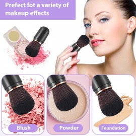 Yuanchu Retractable Kabuki Makeup Brushes, 2 Pcs Travel Makeup Brushes Blush Brushes Cute Powder Brush Foundation Brush for Liquid Foundation Pressed Powder Contouring Cream(Black+White)