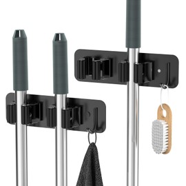 Wall Mount Mop and Broom Holder, HOMEASY Heavy Duty Stainless Steel Organizer Rack with Hooks | 2-Pack, 2-in-1 No Drill & Screw Installation, Black