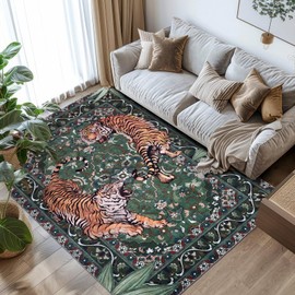 Geanlod Tiger Washable Area Rugs 6x9 Green, Boho Accent Jungle Rugs for Living Room, Soft Bedroom Area Carpet, Thin Botanical Floor Carpets for Dining Room Nursery Dorm Kids Playroom Farmhouse Office